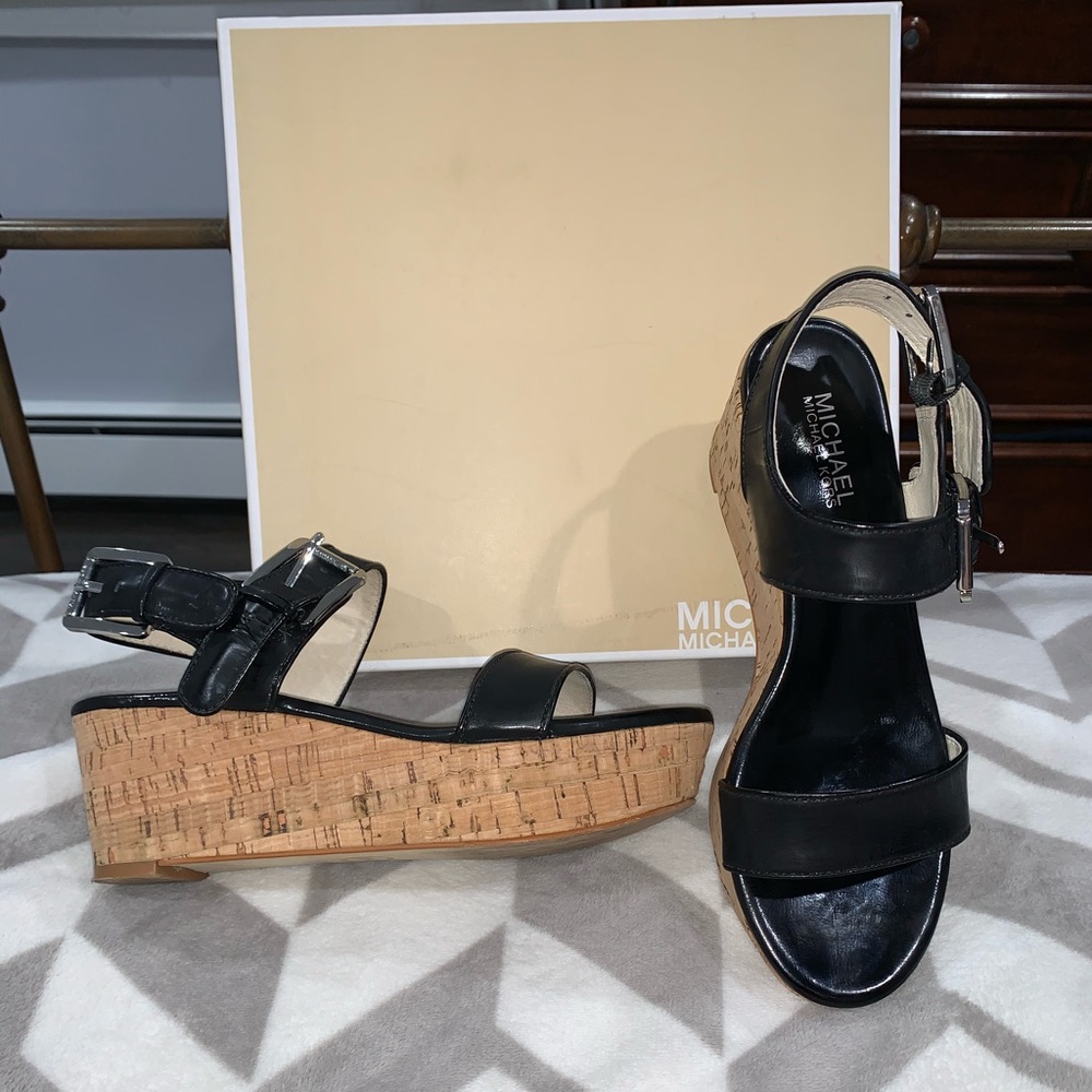Michael Kors Black Leather Cork Wedge - Picture 1 of 8